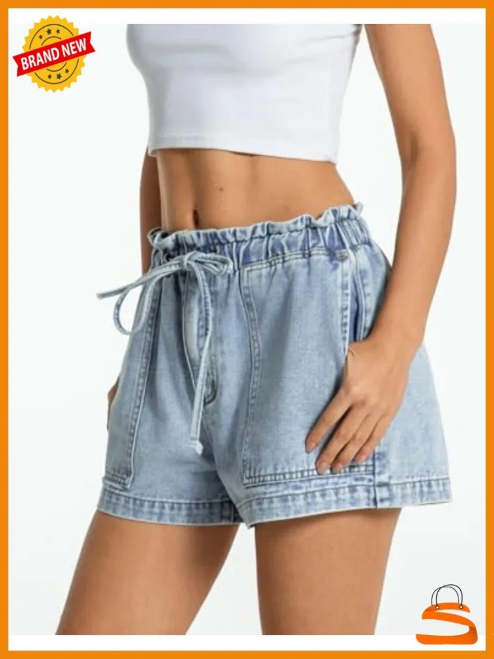 Drawstring Denim Shorts - Baggy Jean Shorts with Elastic Waist